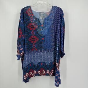 Catherines‎ Womens Size 3X Boho Patchwork Print Top Embellished Tunic Festival